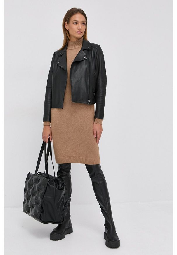 BOSS - Boss Ramoneska skórzana damska kolor czarny przejściowa. Okazja: na co dzień. Kolor: czarny. Materiał: skóra. Styl: casual