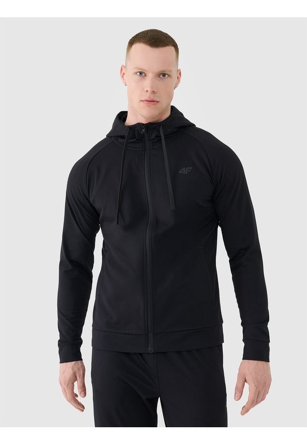 4f - 4F Bluza treningowa szybkoschnąca męska - czarna M. Okazja: na co dzień. Typ kołnierza: kaptur. Kolor: czarny. Materiał: dzianina, włókno, syntetyk, materiał, elastan. Długość rękawa: raglanowy rękaw. Wzór: gładki, ze splotem. Styl: sportowy, casual. Sport: fitness