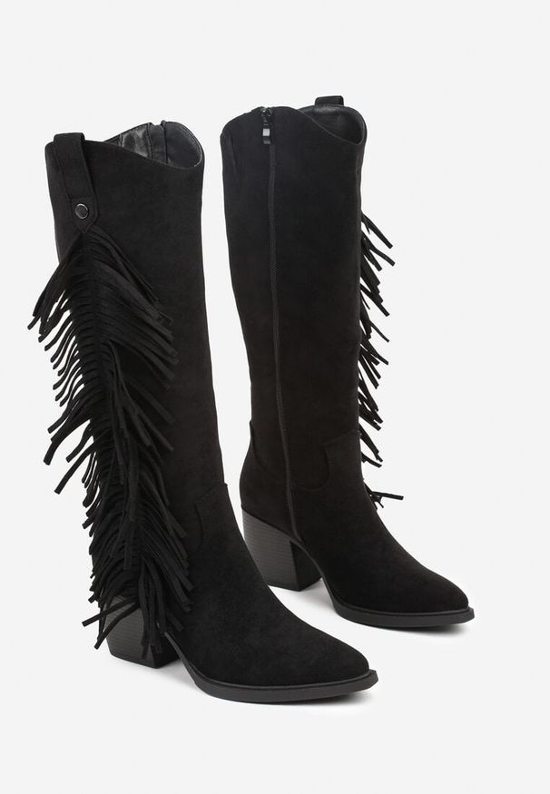 Renee - Czarne Kozaki Kowbojki na Stożku Zdobione Frędzlami Nucca. Kolor: czarny. Materiał: zamsz. Wzór: aplikacja. Obcas: na stożku. Styl: boho. Wysokość obcasa: średni