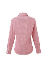 PREMIER - Damska Bawełniana Koszula Z Długim Rękawem W Kratkę Micro Gingham. Okazja: na co dzień. Kolor: biały, czerwony, wielokolorowy. Materiał: bawełna. Długość rękawa: długi rękaw. Długość: długie. Wzór: kratka. Styl: casual