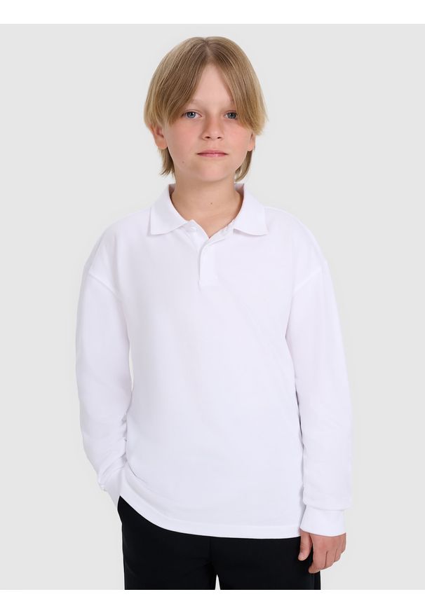 4f - 4F Longsleeve polo regular chłopięcy - biały 152 (11-12 lat). Okazja: na co dzień. Typ kołnierza: polo. Kolor: biały. Długość: długie. Wzór: gładki, ze splotem. Materiał: jersey, bawełna, materiał. Długość rękawa: długi rękaw. Sezon: lato. Styl: klasyczny, casual, elegancki, sportowy