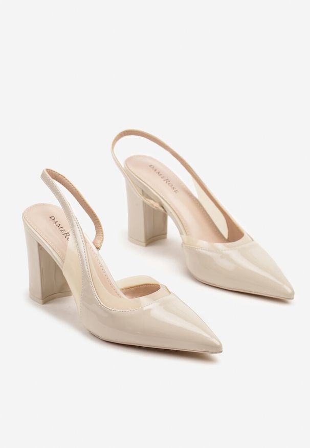 Renee - Jasnobeżowe Sandały Lakierowane na Słupku typu Slingback Dralzedi. Okazja: na co dzień. Zapięcie: sprzączka. Kolor: beżowy. Materiał: lakier. Obcas: na słupku. Styl: elegancki, casual, klasyczny