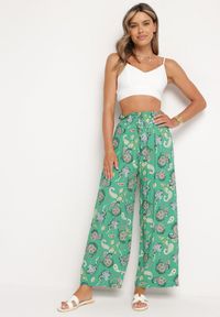 Born2be - Zielone Spodnie z Bawełny z w Stylu Boho z Szerokimi Nogawkami i Gumką w Talii Jelvia. Kolor: zielony. Materiał: bawełna. Sezon: lato. Styl: boho #5