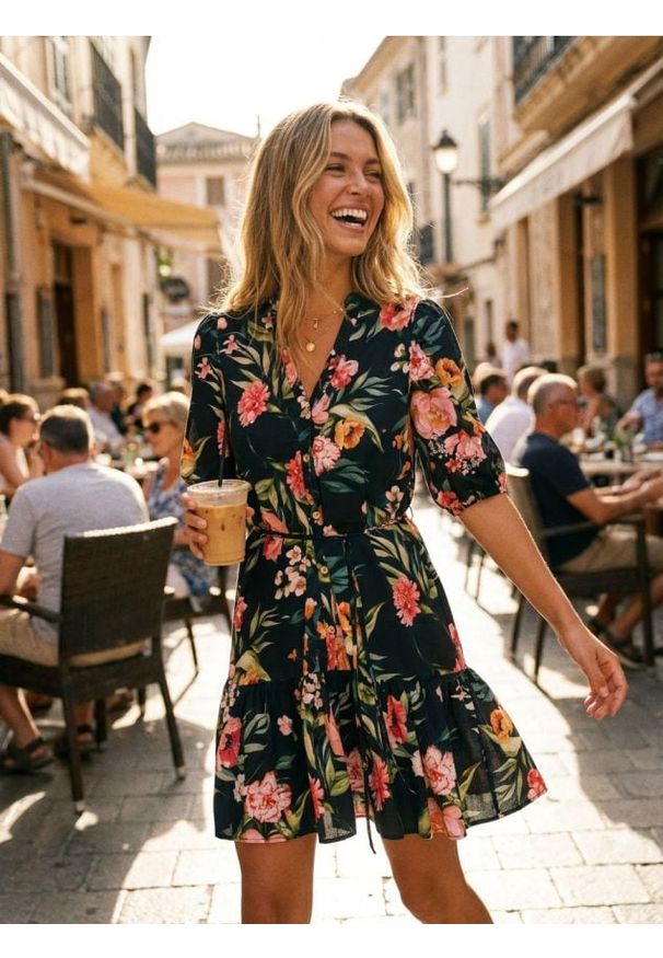 Sinsay - Sukienka mini z falbaną i nadrukiem w kwiaty - wielobarwny. Wzór: nadruk, kwiaty. Długość: mini