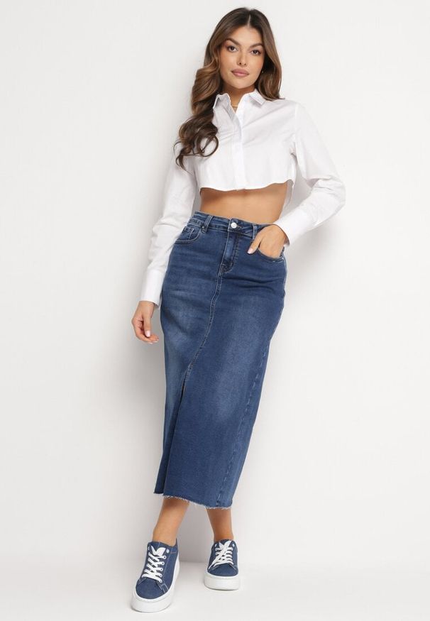 Born2be - Granatowa Jeansowa Spódnica Maxi z Wysokim Stanem Nicyela. Stan: podwyższony. Kolor: niebieski. Materiał: jeans