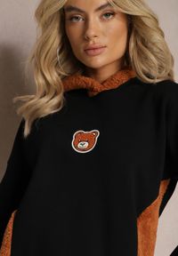 Renee - Czarna Bluza z Bawełny z Ozdobną Naszywką z Misiem i Polarowym Kapturem Hecatia. Typ kołnierza: kaptur. Kolor: czarny. Materiał: polar, bawełna. Wzór: aplikacja #4