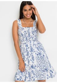 Sukienka z nadrukiem i przeszyciem cienkimi gumkami bonprix biel wełny - niebieski w roślinny wzór. Kolor: biały. Materiał: wełna. Wzór: nadruk #6