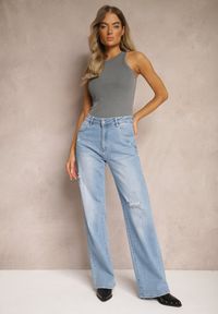 Renee - Niebieskie Jeansy o Szerokim Kroju High Waist z Bawełny Eviraena. Okazja: na co dzień. Stan: podwyższony. Kolor: niebieski. Długość: długie. Wzór: aplikacja. Styl: elegancki, casual #5