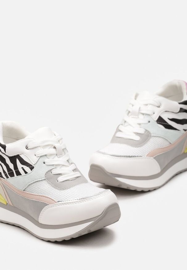 Renee - Białe Sneakersy na Ukrytym Niewysokim Koturnie z Brokatem Fioralan. Kolor: biały. Obcas: na koturnie