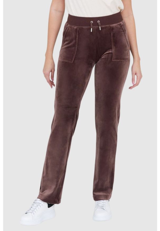 Juicy Couture - JUICY COUTURE Brązowe spodnie dresowe damskie z weluru, Rozmiar XS. Kolor: brązowy. Materiał: welur, dresówka