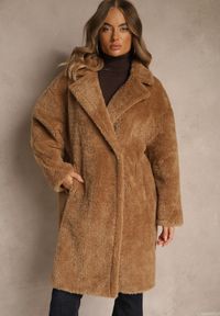 Renee - Brązowy Płaszcz Teddy o Dwurzędowym Kroju Oversize Azzena. Okazja: na co dzień, na spacer. Typ kołnierza: golf. Kolor: brązowy. Materiał: jeans. Styl: casual