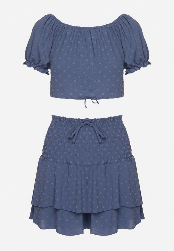 Born2be - Niebieski Komplet z Tłoczonej Tkaniny Spódnico-Szorty i Bluzka Hiszpanka Sariloria. Kolor: niebieski. Materiał: tkanina