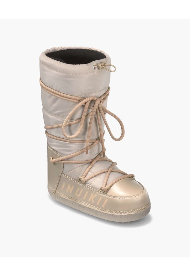 Inuikii Mountain Boot High Sand Śniegowce damskie. Wysokość cholewki: przed kolano. Zapięcie: sznurówki. Kolor: beżowy. Materiał: wełna, materiał, skóra. Szerokość cholewki: normalna. Sezon: zima. Styl: elegancki