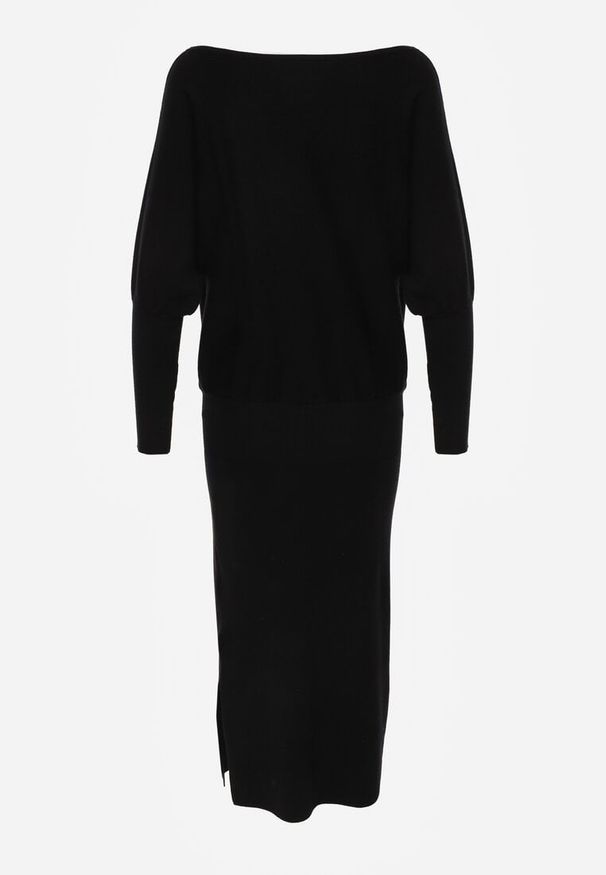 Renee - Czarna Nietoperzowa Sukienka z Dzianiny z Wiskozą z Dekoltem w Łódkę Yuzoma. Typ kołnierza: dekolt w łódkę. Kolor: czarny. Materiał: dzianina, wiskoza. Typ sukienki: oversize