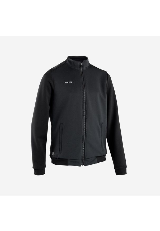 KIPSTA - Bluza treningowa do piłki nożnej dla dzieci Kipsta Essential. Typ kołnierza: komin. Kolor: wielokolorowy, czarny, szary. Materiał: tkanina, elastan, prążkowany, materiał, poliester. Sport: fitness, piłka nożna
