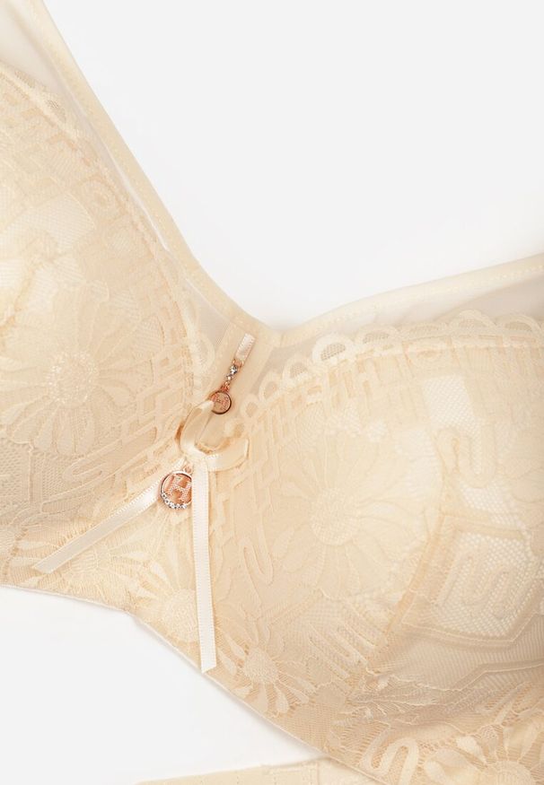 Renee - Beżowy Koronkowy Biustonosz Ozdobiony Przezroczystą Wstawką Acalinai. Kolor: beżowy. Materiał: koronka. Rodzaj stanika: przezroczysty. Wzór: aplikacja