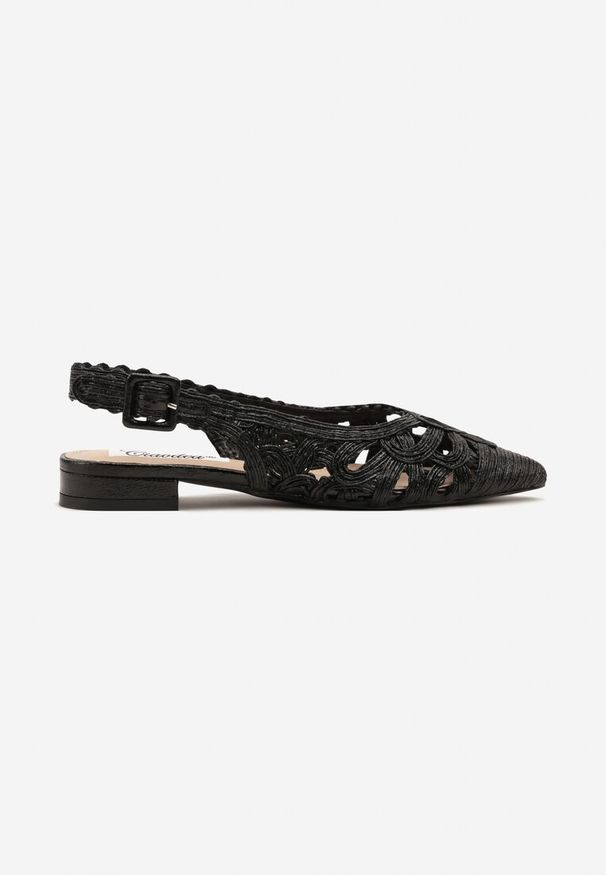 Renee - Czarne Sandały Slingback z Szydełkową Cholewką z Metalicznymi Przeszyciami Frolette. Okazja: na co dzień. Zapięcie: pasek. Kolor: czarny. Materiał: jeans. Obcas: na obcasie. Styl: elegancki, casual. Wysokość obcasa: niski