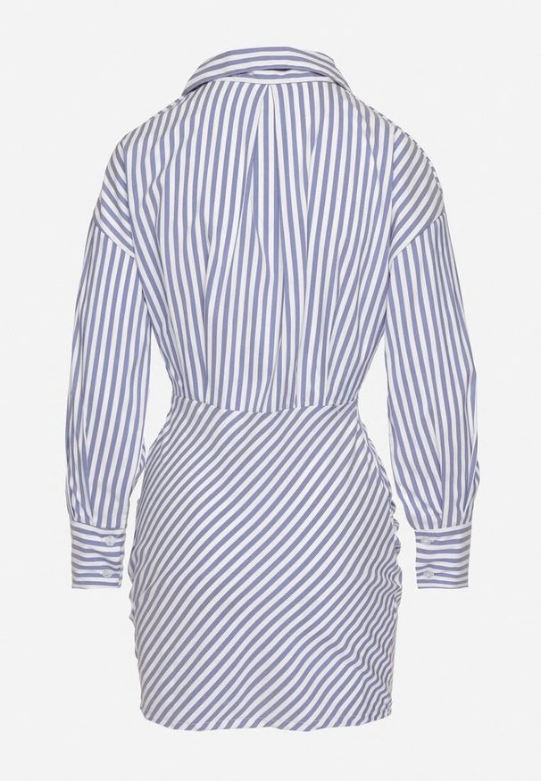 Born2be - Niebieska Koszulowa Sukienka w Paski o Dopasowanym Kroju Meveira. Okazja: na imprezę. Typ kołnierza: kołnierzyk klasyczny. Kolor: niebieski. Długość rękawa: długi rękaw. Wzór: paski. Typ sukienki: koszulowe. Styl: klasyczny