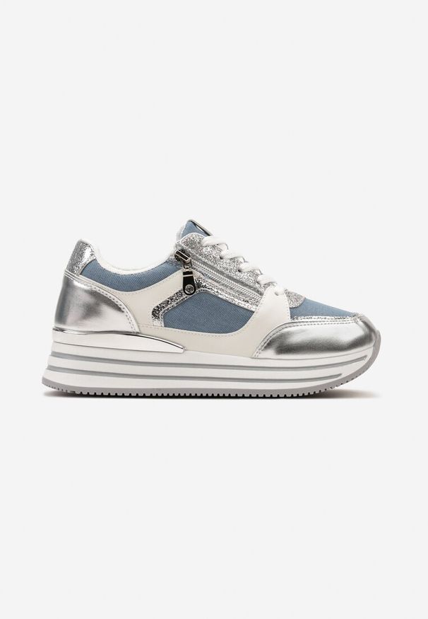 Renee - Niebiesko-Srebrne Sneakersy z Brokatowymi Wstawkami i Krótkim Suwakiem Naiwra. Nosek buta: okrągły. Zapięcie: sznurówki. Kolor: niebieski. Materiał: materiał. Obcas: na obcasie. Wysokość obcasa: niski