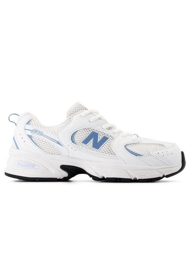Buty dziecięce New Balance GR530CJ – białe. Okazja: na uczelnię, na co dzień. Kolor: biały. Materiał: guma, materiał, syntetyk. Szerokość cholewki: normalna