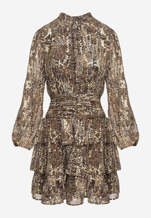 Renee - Brązowa Koktajlowa Panterkowa Sukienka z Gumkami w Pasie Ozdobiona Falbankami Quinthelia. Okazja: na co dzień. Typ kołnierza: kołnierz z falbankami. Kolor: brązowy. Wzór: aplikacja. Typ sukienki: proste. Styl: wizytowy