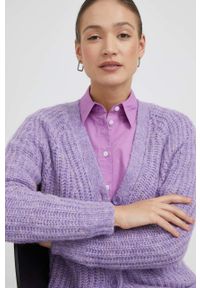 Vero Moda kardigan z domieszką wełny damski kolor fioletowy. Kolor: fioletowy. Materiał: wełna. Długość rękawa: raglanowy rękaw. Wzór: ze splotem #2