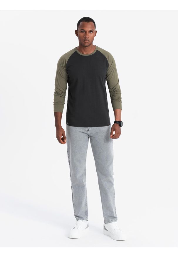 Ombre Clothing - Męski longsleeve z raglanowymi kontrastowymi rękawami – czarno-oliwkowy V3 OM-LSCL-0105 - XXL. Okazja: na co dzień. Kolor: czarny. Materiał: jersey, materiał, bawełna, dzianina, skóra. Długość rękawa: długi rękaw. Wzór: ze splotem. Styl: klasyczny, casual