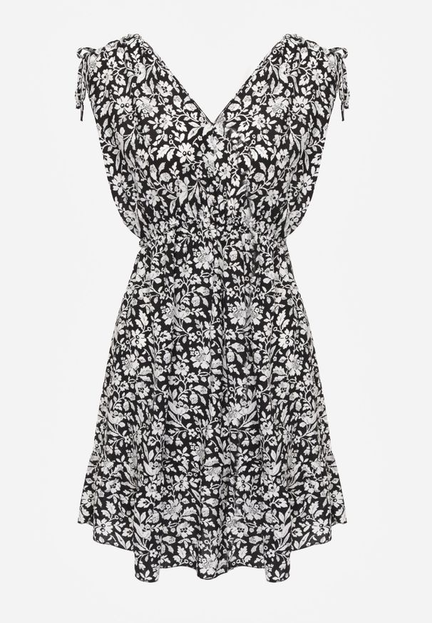 Renee - Czarno-Biała Sukienka Bawełniana na Grubych Ramiączkach z Gumką w Pasie Zapinana na Guziki Tessri. Okazja: na co dzień, na randkę. Kolor: czarny. Materiał: bawełna. Długość rękawa: na ramiączkach. Wzór: kwiaty. Sezon: lato. Typ sukienki: proste. Styl: casual, elegancki, wakacyjny