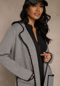 Renee - Szary Kardigan z Haftowaną Lamówką Tuscele. Okazja: na co dzień. Kolor: szary. Materiał: jeans. Wzór: haft. Styl: casual, elegancki #5