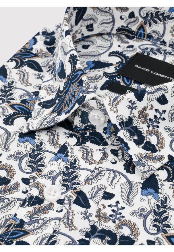 Pako Lorente - PAKO LORENTE - Biała koszula męska niebieskie kwiaty. Kolor: biały, niebieski, wielokolorowy. Materiał: elastan, bawełna. Długość rękawa: długi rękaw. Długość: długie. Wzór: kwiaty. Sezon: jesień