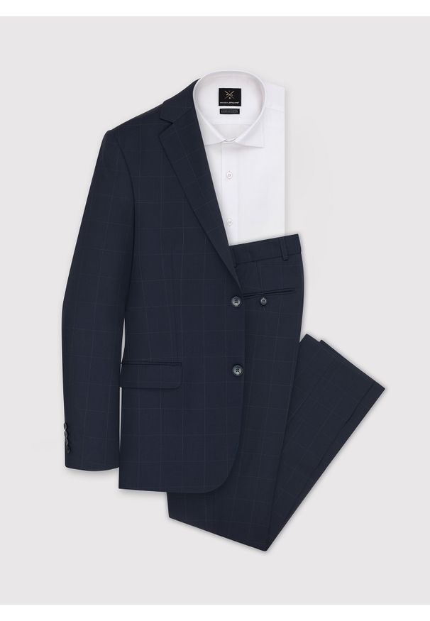 Pako Lorente - PAKO LORENTE – Granatowa wełniana marynarka garniturowa w kratę. Kolor: niebieski. Materiał: wełna. Styl: klasyczny