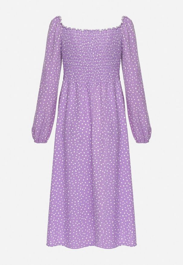 Born2be - Fioletowa Rozkloszowana Sukienka Midi w Kropki Farnai. Kolor: fioletowy. Wzór: kropki. Typ sukienki: rozkloszowane. Styl: retro. Długość: midi