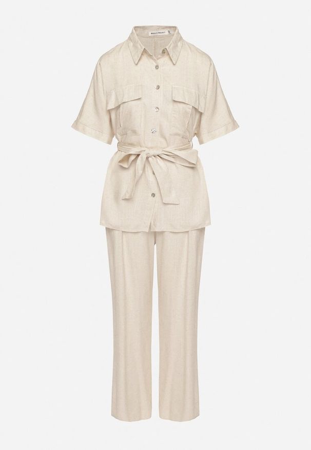 Born2be - Ciemnobeżowy Komplet z Wiskozą Lnem Koszula z Paskiem i Szerokie Spodnie Galorisa. Kolor: beżowy. Materiał: wiskoza, len