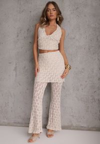 Renee - Beżowy Komplet z Koronki Top Halter i Spodnie Zdobione Wszytą Spódnicą Celanix. Kolor: beżowy. Materiał: koronka. Wzór: aplikacja, koronka #2