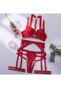 Intica - Komplet bielizny z pasem do pończoch regulowane zapięcia Dalija. Kolor: czerwony. Materiał: materiał. Wzór: paski