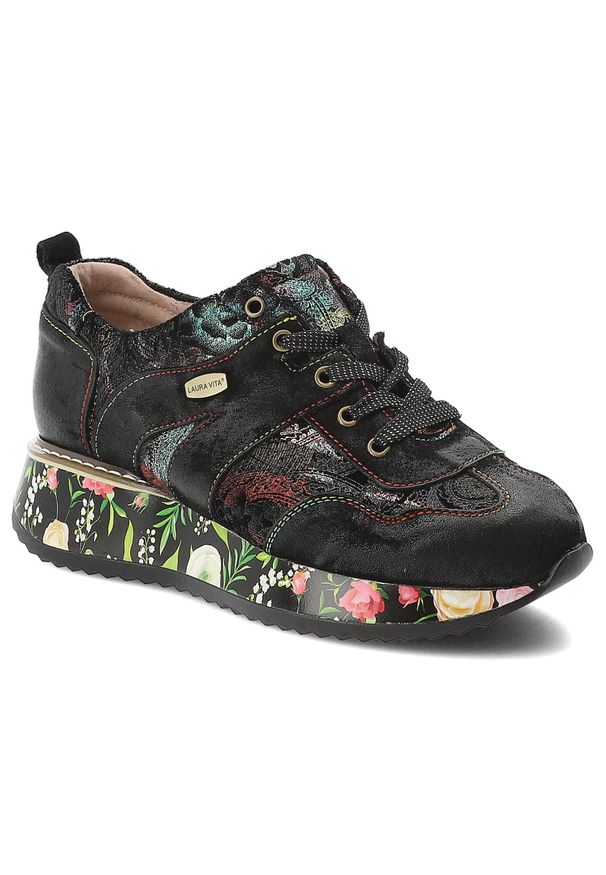 Czarne Sneakersy Laura Vita Buty Damskie Na Platformie. Zapięcie: sznurówki. Kolor: czarny. Szerokość cholewki: normalna. Wzór: haft, kwiaty. Obcas: na platformie