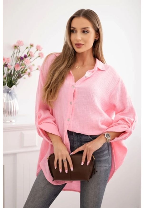 Kesi Włoski - Koszula bawełniana muślinowa Plus Size cukierkowy róż. Kolekcja: plus size. Kolor: różowy. Materiał: bawełna