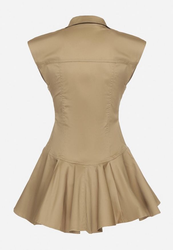 Born2be - Beżowa Bawełniana Sukienka o Koszulowym Kroju z Rozkloszowanym Dołem Talenna. Okazja: na co dzień, na imprezę. Kolor: beżowy. Materiał: bawełna. Wzór: aplikacja. Sezon: lato. Typ sukienki: koszulowe. Styl: casual, elegancki