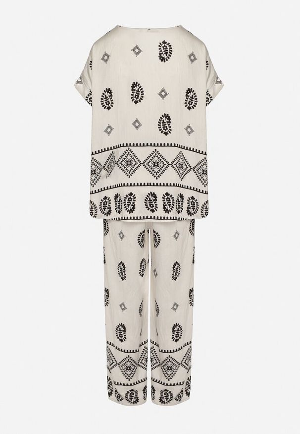 Born2be - Czarno-Biały Bawełniany Komplet Koszula i Szerokie Spodnie w Stylu Boho Ollirive. Kolor: biały. Materiał: bawełna. Wzór: aplikacja