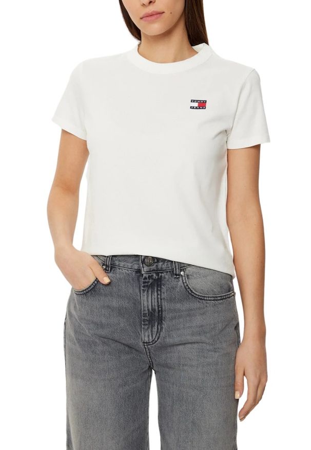 Tommy Jeans - TOMMY JEANS Beżowy damski t-shirt z małym logo, Rozmiar L. Kolor: beżowy