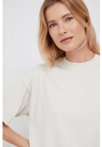 Calvin Klein Jeans t-shirt bawełniany kolor beżowy. Kolor: beżowy. Materiał: bawełna. Wzór: aplikacja #2