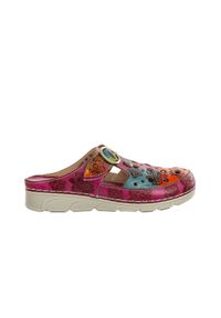 Klapki Laura Vita Dorry 08 Fushia 202040, Różowy, Skóra naturalna - 38. Kolor: różowy. Materiał: skóra. Wzór: ażurowy, aplikacja, kolorowy. Obcas: na obcasie. Styl: elegancki. Wysokość obcasa: średni #1