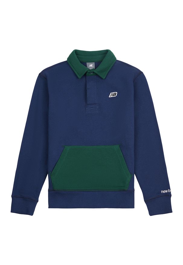 Bluza dziecięca New Balance LAKB0077NNY – granatowa. Kolor: niebieski. Materiał: bawełna. Wzór: aplikacja, napisy. Styl: młodzieżowy, sportowy