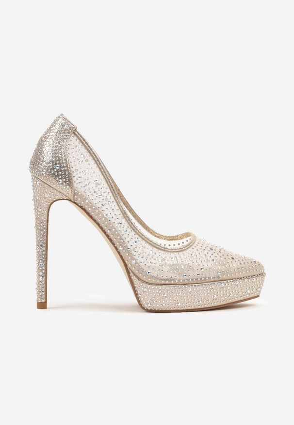 Renee - Złote Eleganckie Szpilki z Platformą i Cyrkoniami Grelesi. Nosek buta: szpiczasty. Kolor: złoty. Obcas: na platformie. Styl: elegancki
