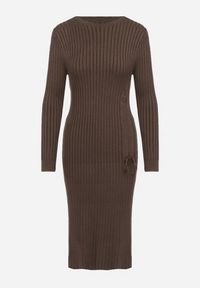 Born2be - Brązowa Dopasowana Sukienka z Wiskozą z Prążkowanego Materiału Ściągana Troczkiem Eleavia. Okazja: na co dzień. Kolor: brązowy. Materiał: prążkowany, wiskoza, materiał. Wzór: aplikacja. Styl: casual #3