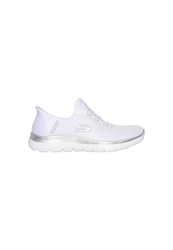skechers - Buty do chodzenia damskie Skechers Slips-ins Vegan. Kolor: biały. Materiał: materiał, syntetyk. Szerokość cholewki: normalna. Sport: turystyka piesza
