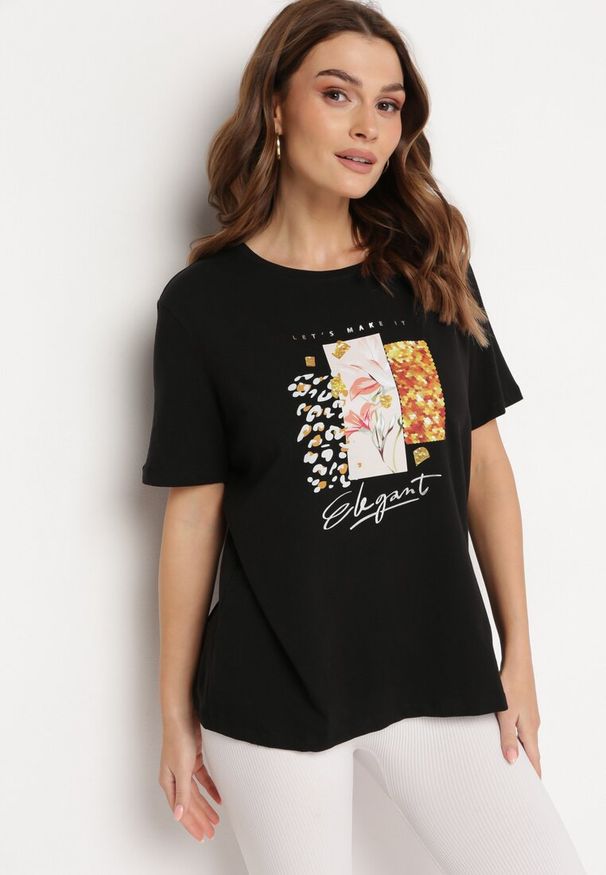 Born2be - Czarny Bawełniany T-shirt z Ozdobnym Nadrukiem Jalliana. Okazja: na co dzień. Kolor: czarny. Materiał: bawełna. Wzór: nadruk. Styl: casual