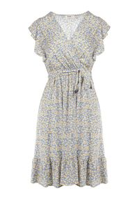 Born2be - Niebiesko-Żółta Sukienka z Paskiem Katista. Typ kołnierza: kołnierz z falbankami. Kolor: niebieski. Materiał: tkanina, materiał, wiskoza. Długość rękawa: bez rękawów. Wzór: nadruk, kwiaty. Sezon: lato. Typ sukienki: kopertowe. Długość: mini #3