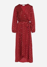 Born2be - Bordowa Kopertowa Sukienka z Wiązaniem w Pasie i Metalicznym Nadrukiem Reisana. Okazja: na co dzień. Typ kołnierza: dekolt w serek. Kolor: czerwony. Wzór: nadruk. Typ sukienki: kopertowe. Styl: klasyczny, casual, elegancki #4
