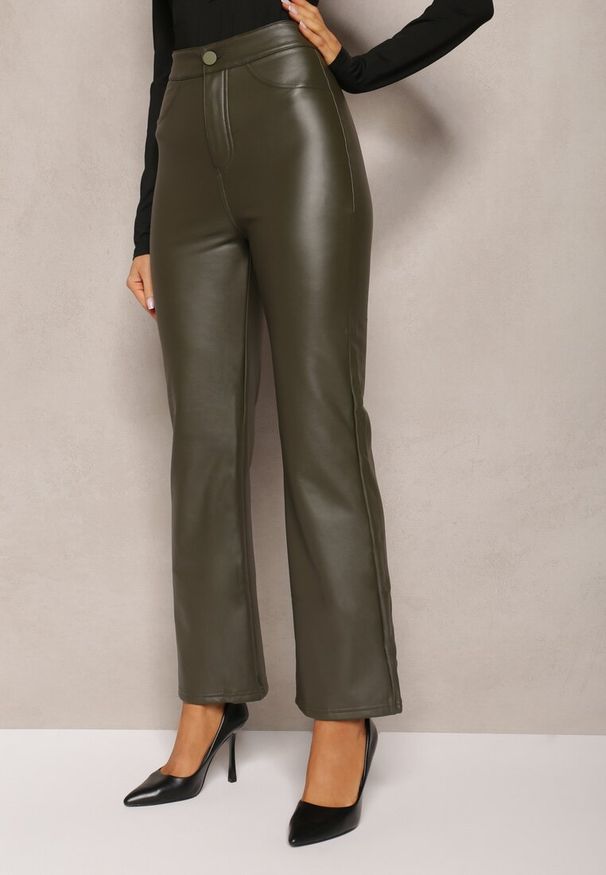 Renee - Zielone Szerokie Spodnie z Ekoskóry High Waist Dodamani. Stan: podwyższony. Kolor: zielony. Materiał: skóra